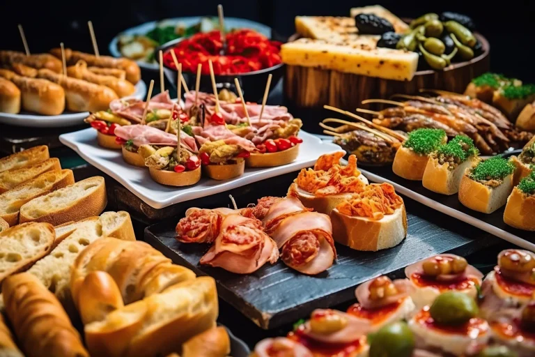 Pinchos e tapas típicos do País Basco, em Espanha. Seleção de diferentes tipos de alimentos à escolha. São Sebastião